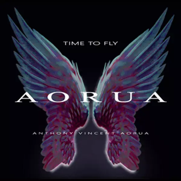 Twin glowing wings with AORUA title and the phrase Time to Fly by Anthony Vincent