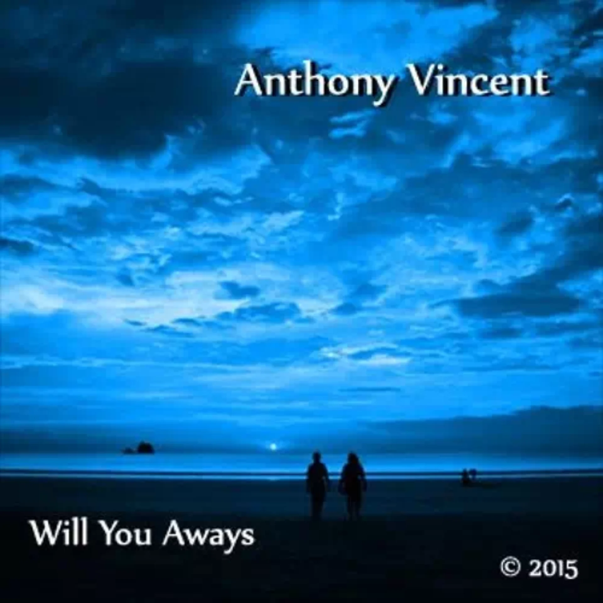 Two figures walking a beach under a vast twilight sky.