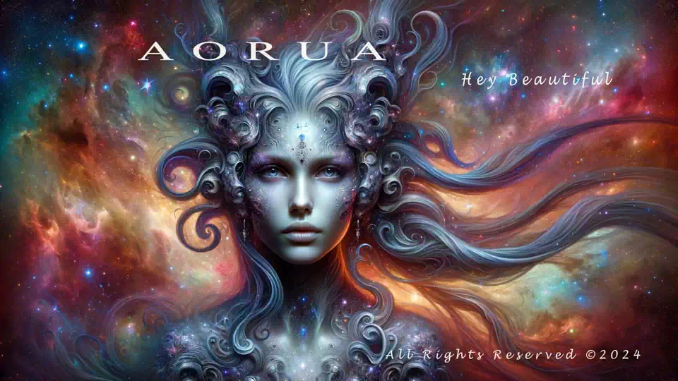 Hey Beautiful video cover art by AORUA showing celestial woman with cosmic flowing hair.